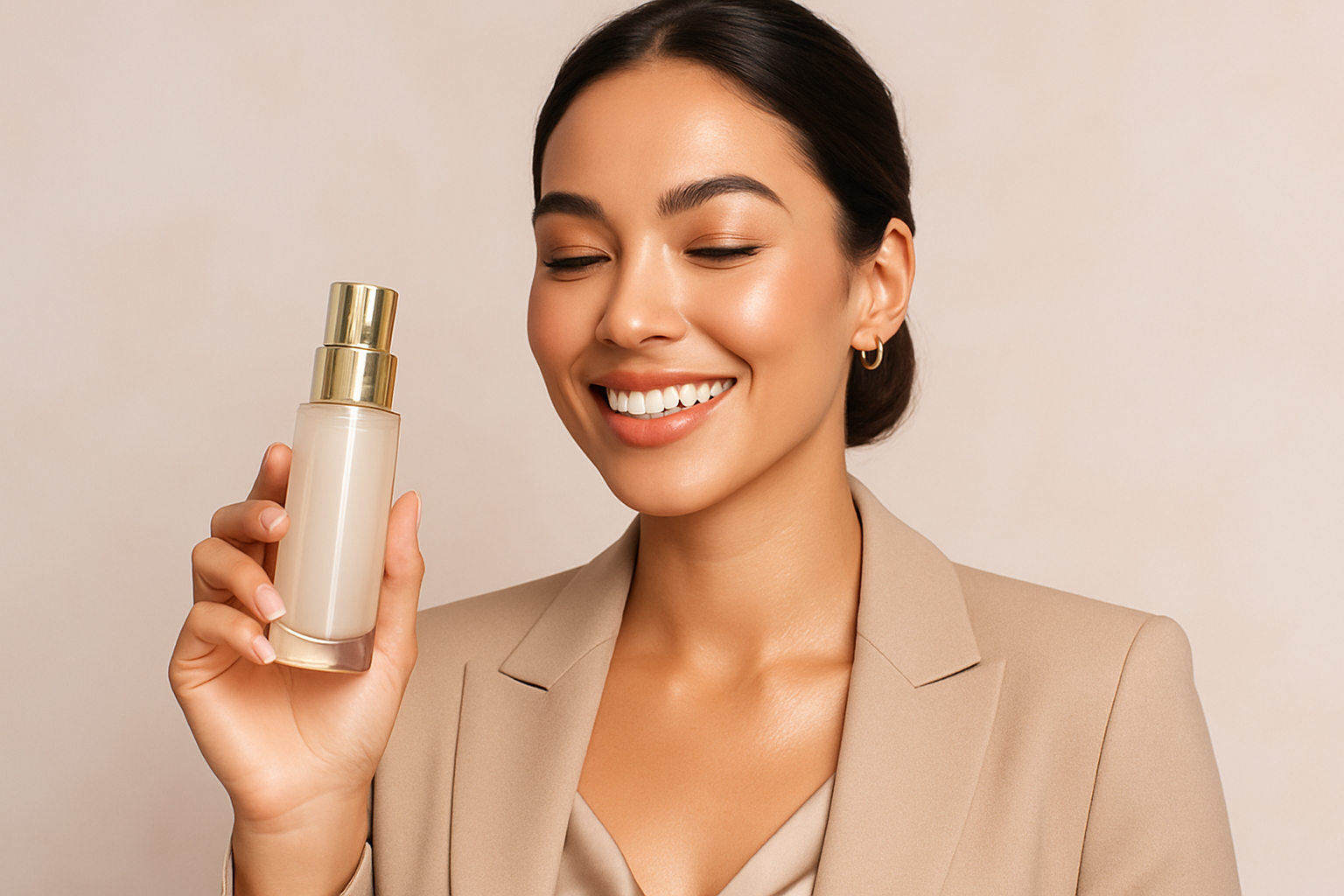 give me a beuty product image with beutiful girl influencer.